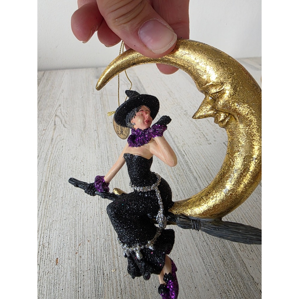 Vintage Katherine's collection witch broom Moon ornament Halloween glitter